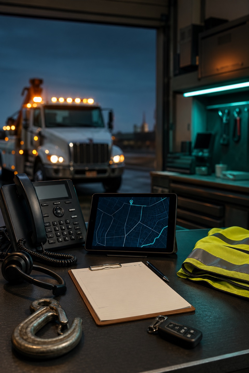 Emergency towing dispatch desk with phone, headset, route tablet, tow hook, reflective vest, and tow truck in the background.