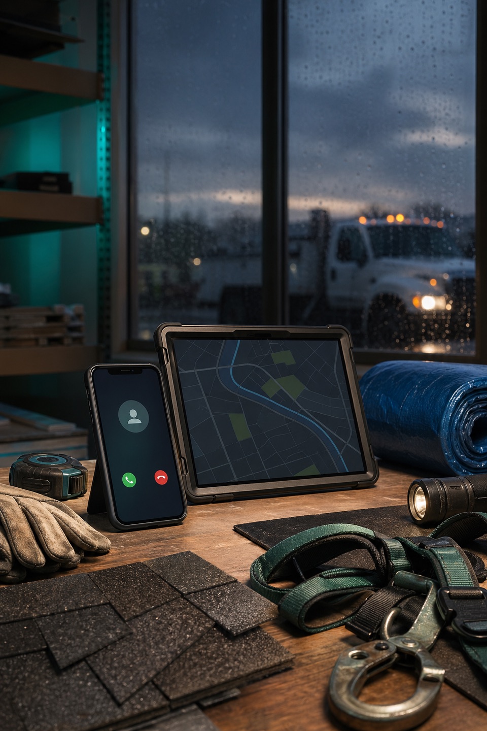 Emergency roofing dispatch workbench with phone, route tablet, safety harness, tarp roll, shingles, and rainy service truck background.