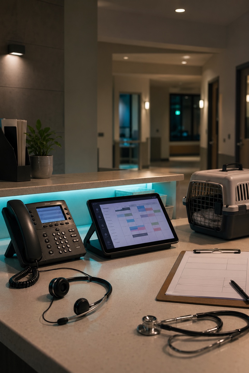 After-hours emergency veterinary intake desk with phone, headset, scheduling tablet, pet carrier, and calm clinical hallway.