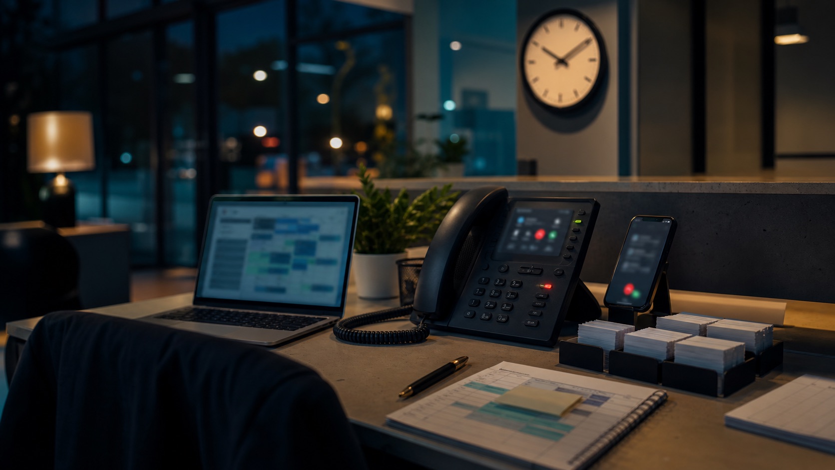 After-hours business desk with phones, laptop call queue, wall clock, and organized intake cards for missed-call and overcapacity revenue planning.