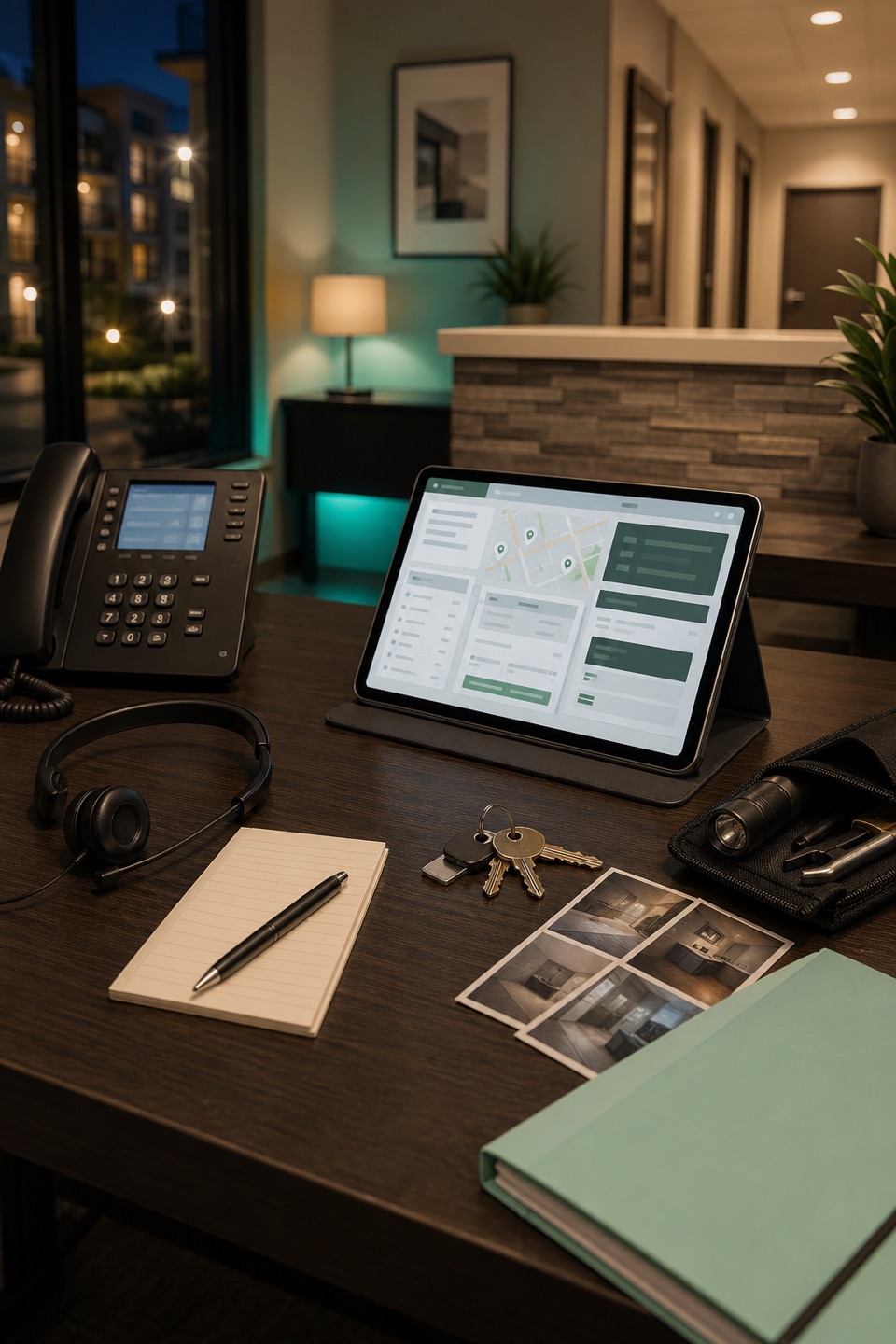 After-hours property management intake desk with phone, route tablet, apartment keys, maintenance notes, and subtle teal accents.