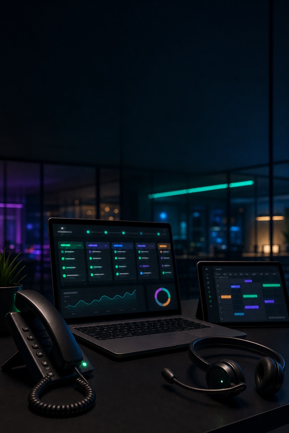 Agency and B2B services prospect follow-up desk with phone, headset, discovery notes, proposal cards, calendar blocks, and neon mint pipeline cues.