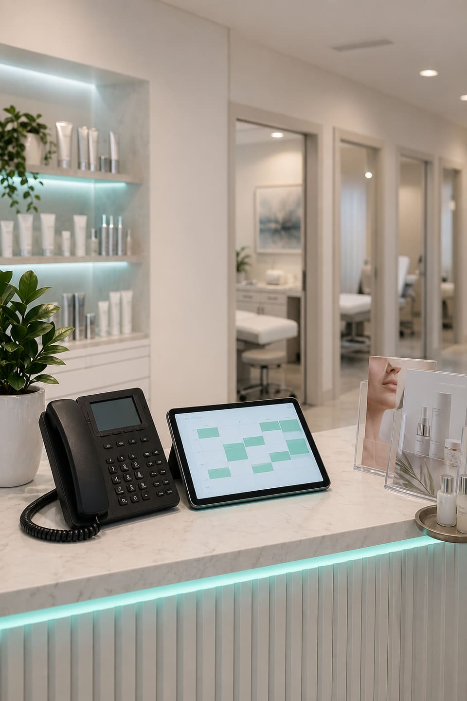 Dermatology clinic reception desk with phone, appointment tablet, and consultation hallway.