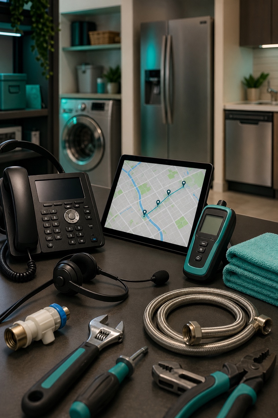 Appliance leak dispatch workbench with phone, headset, dispatch tablet, moisture meter, washer hose, dishwasher fitting, and appliance service tools.