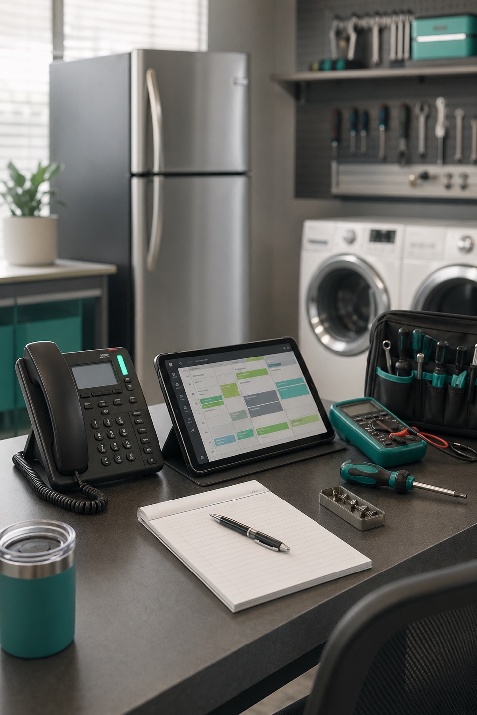 Appliance repair dispatch desk with phone, scheduling tablet, service tools, and laundry appliance background.
