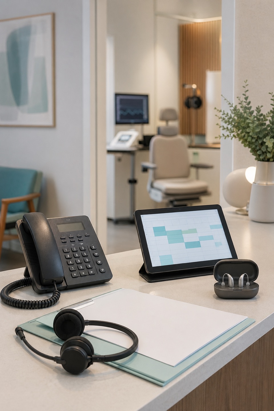 Audiology clinic reception desk with phone, hearing-test appointment tablet, hearing aids, and exam room background.