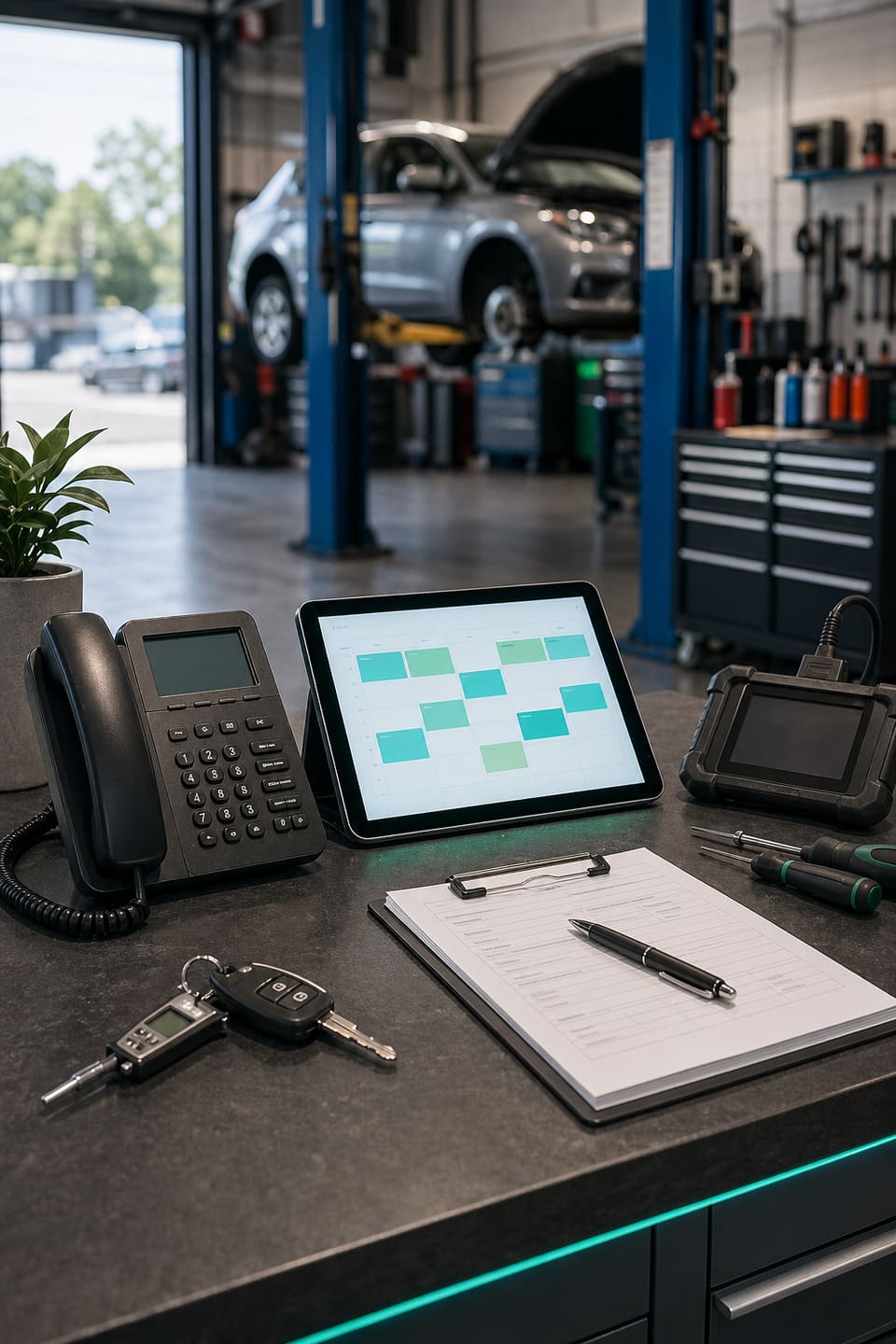 Auto repair service desk with phone, headset, vehicle keys, tow in notes, and garage bay scheduling context.