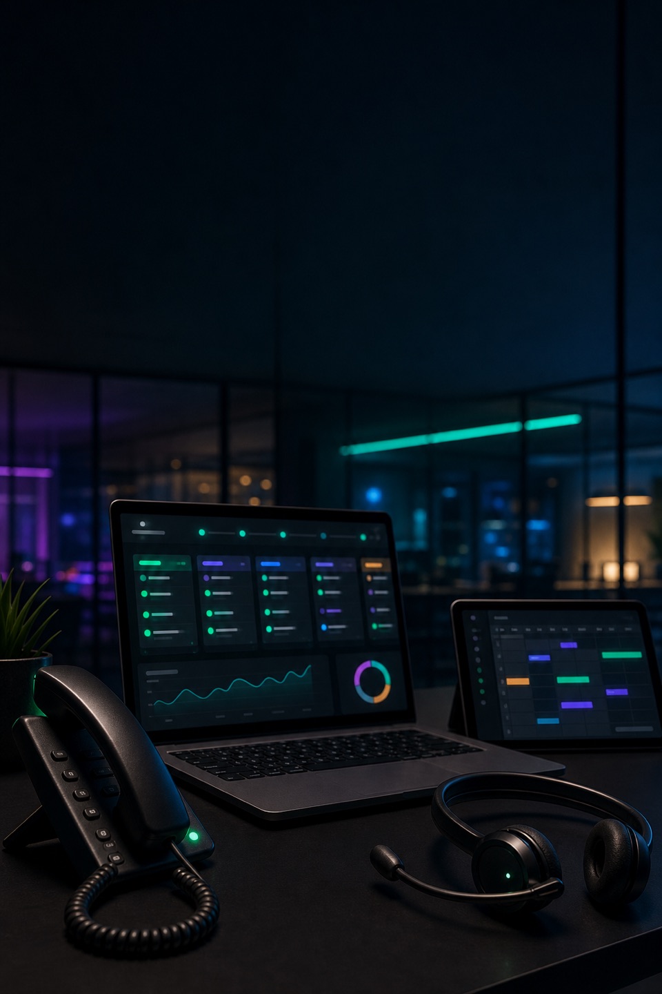 B2B SaaS demo follow-up desk with phone, headset, abstract pipeline dashboard, calendar blocks, and neon mint accents.