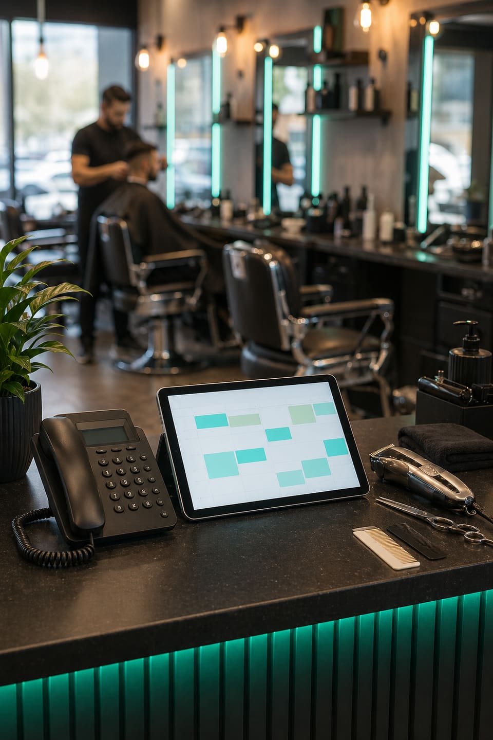 Barbershop counter with phone, booking tablet, clippers, and chairs in the background.