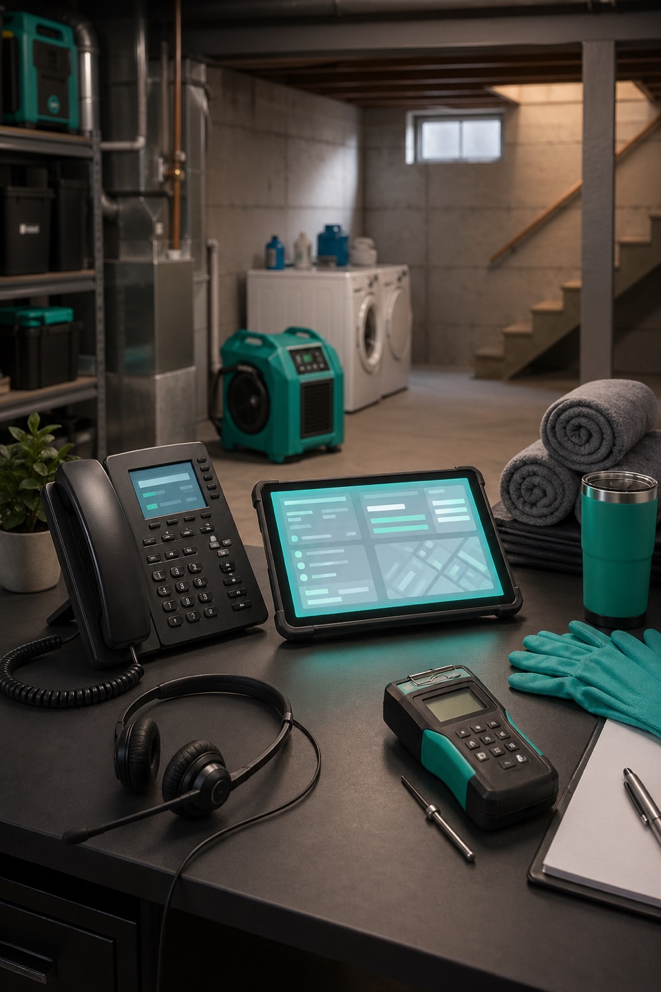 Emergency water damage dispatch desk with phone, headset, dispatch tablet, moisture meter, towels, gloves, air mover, and basement utility context.