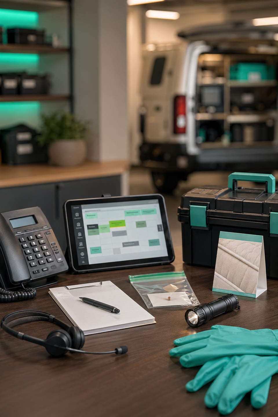 Pest control bed bug intake desk with phone, headset, dispatch tablet, inspection materials, gloves, flashlight, and teal accents.