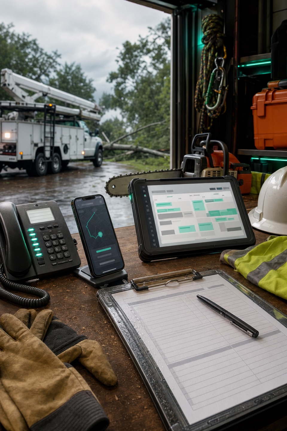 Emergency tree service storm dispatch workbench with phone, route tablet, safety gear, rigging rope, and service truck.