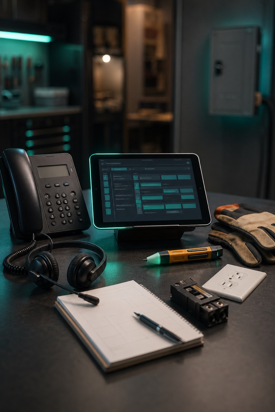 Emergency electrician dispatch workbench with phone, dispatch tablet, insulated gloves, voltage tester, outlet cover, and subtle teal accents.