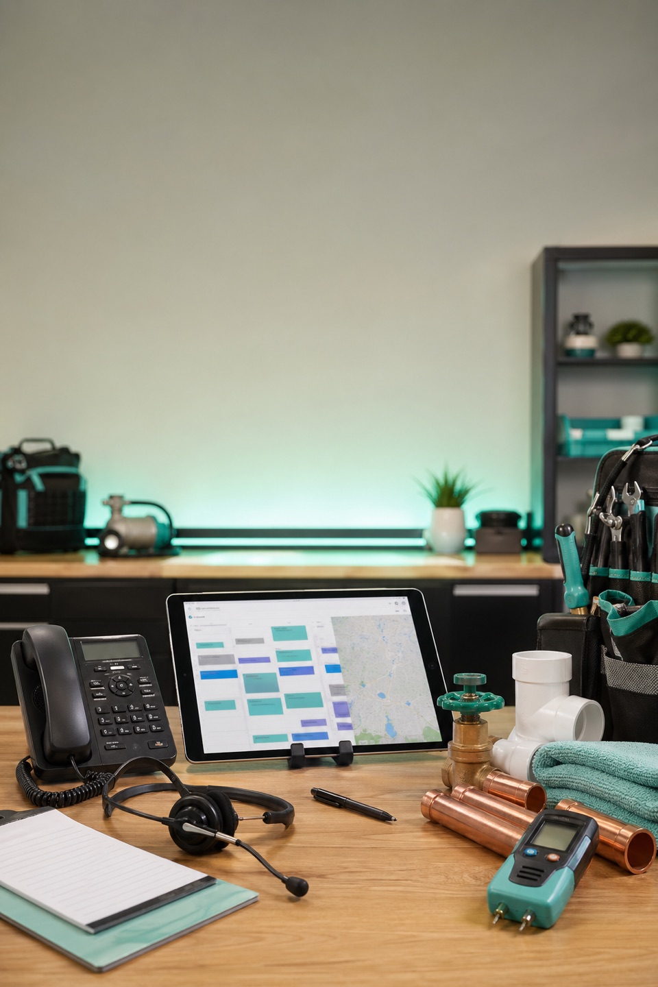 Emergency plumbing dispatch workbench with phone, headset, dispatch tablet, shutoff valve, copper pipe, towels, and moisture meter.