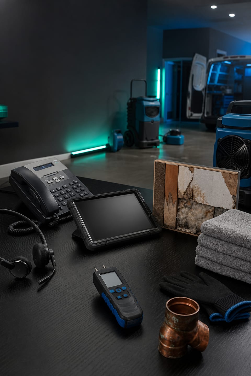 Water damage restoration intake desk with phone, headset, dispatch tablet, moisture meter, pipe fitting, shutoff notes, insurance folder, and drying equipment.