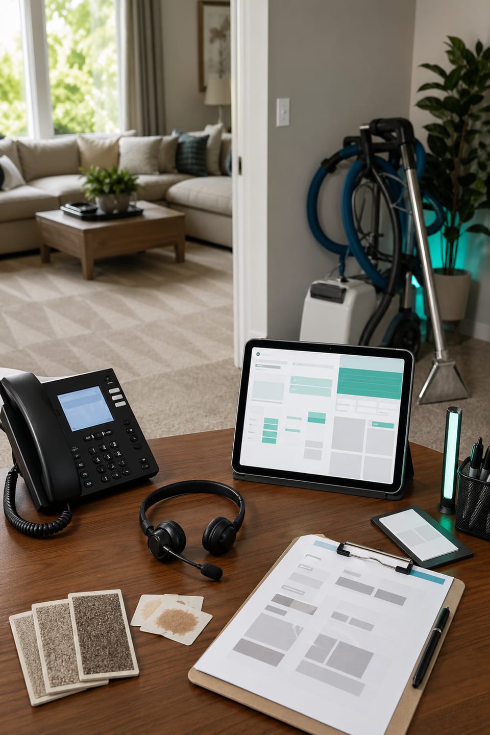 Carpet cleaning dispatch desk with phone, scheduling tablet, stain swatches, cleaning wand, and freshly cleaned carpet.