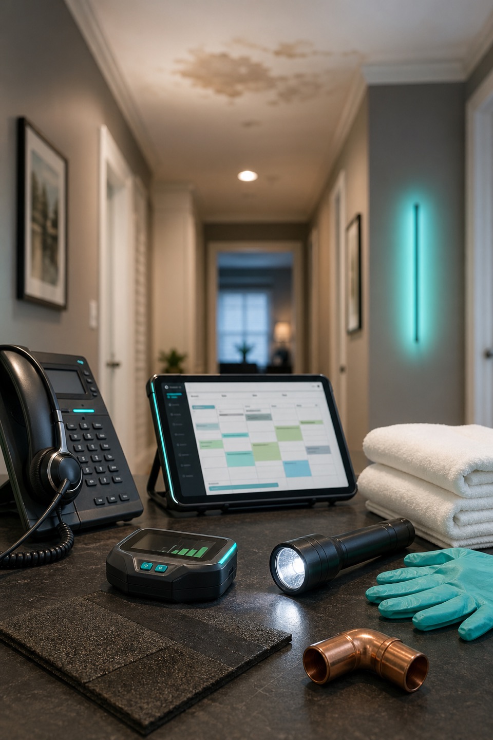 Ceiling leak dispatch desk with phone, headset, dispatch tablet, moisture meter, flashlight, towels, and roof and plumbing source notes.