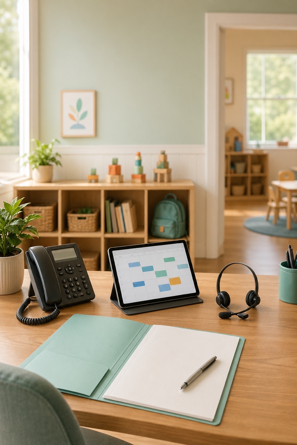 Child care enrollment desk with phone, headset, tour calendar, waitlist folder, and scheduling tablet.