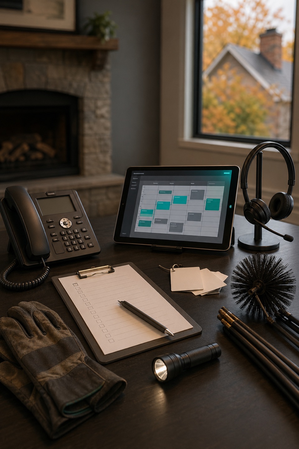 Chimney sweep dispatch desk with phone, scheduling tablet, brush rods, safety gloves, and inspection notes.