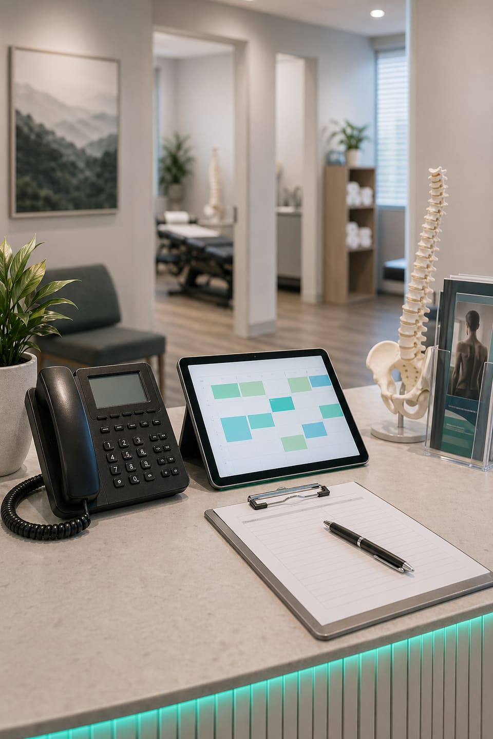 Chiropractic clinic front desk with phone, appointment tablet, and wellness office details.