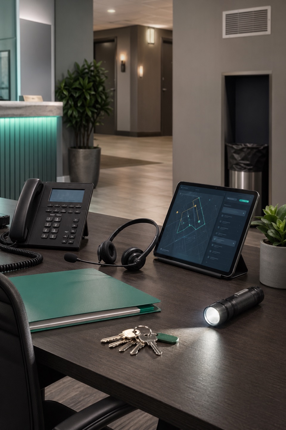 Property management common-area odor intake desk with phone, headset, status tablet, apartment keys, hallway, vent grille, and inspection flashlight.