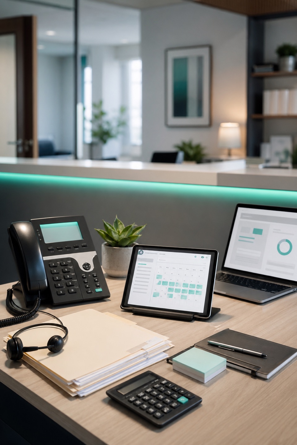 CPA firm intake desk with phone, appointment tablet, tax folders, calculator, and private office background.