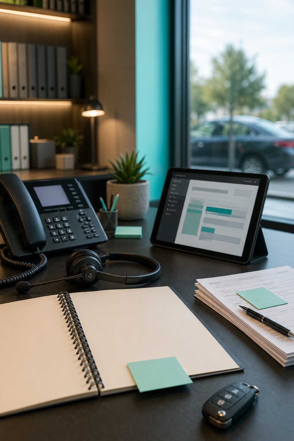 Personal injury law firm intake desk with phone, headset, blank crash report folder, car key, and scheduling tablet.