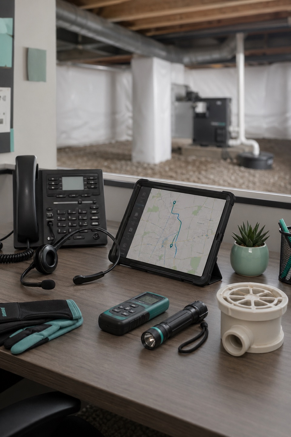 Crawlspace flooding dispatch desk with phone, headset, dispatch tablet, moisture meter, flashlight, gloves, drainage fitting, and under home utility context.