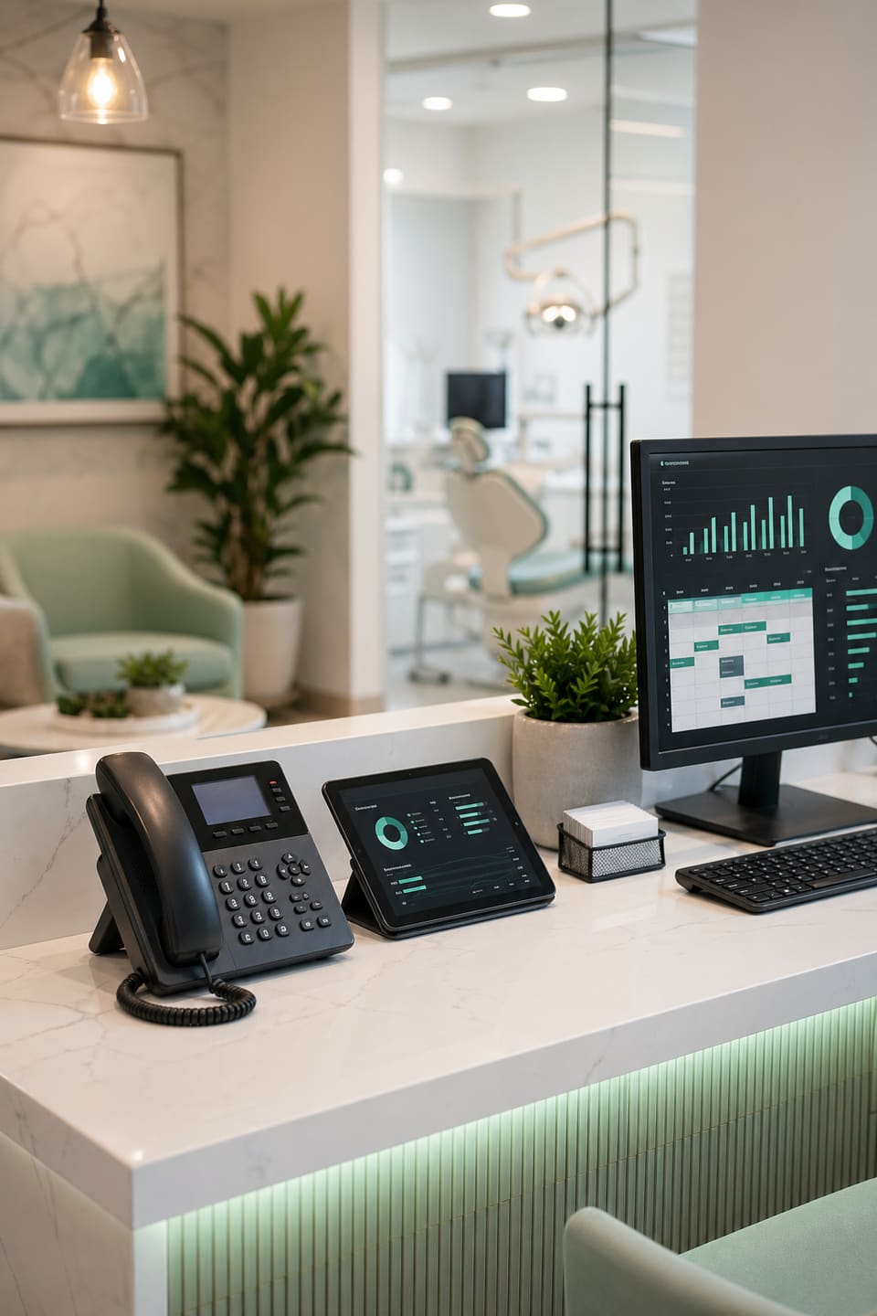 Dental practice reception desk with phone and appointment tablet for missed-call revenue analysis.
