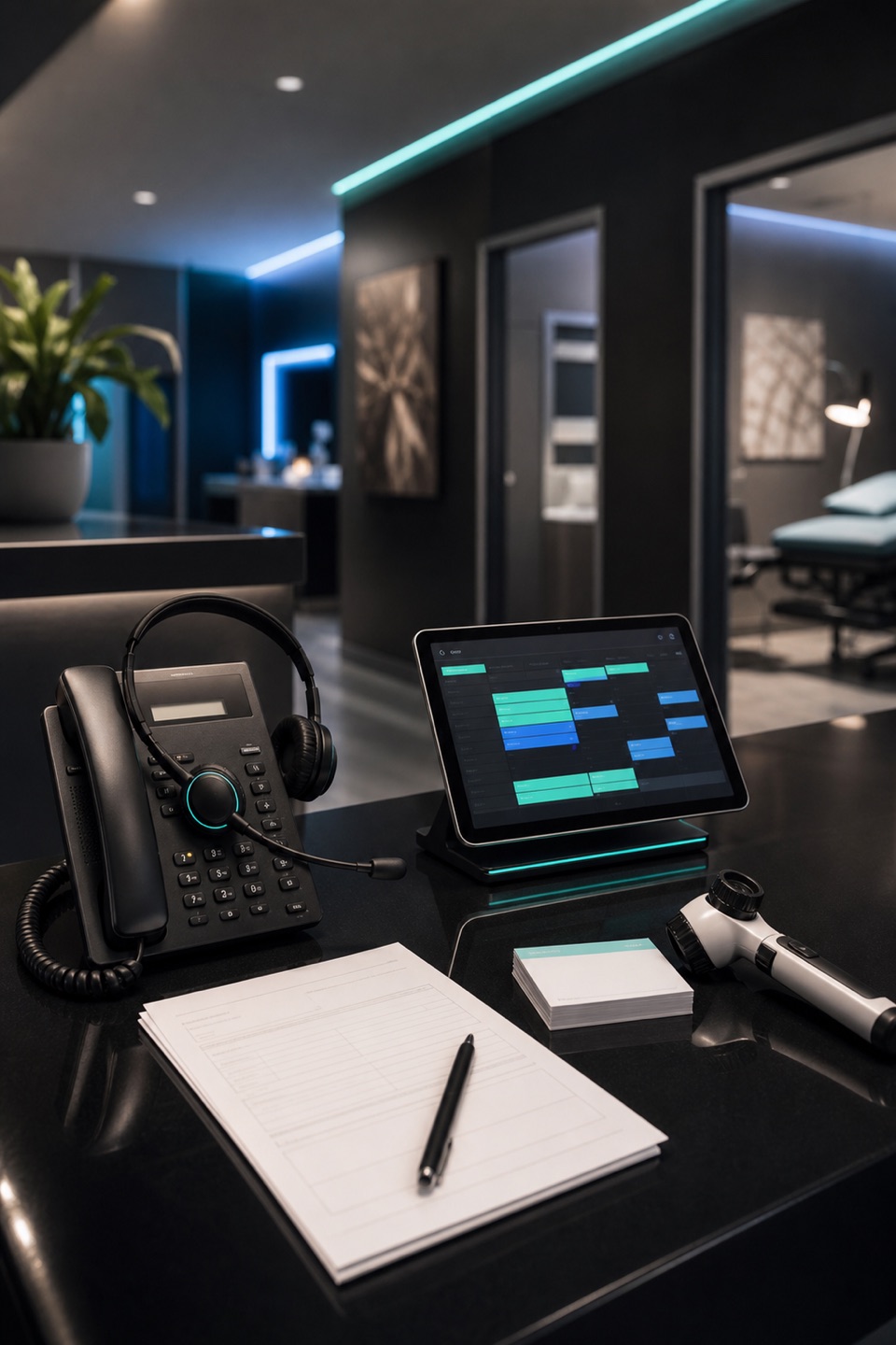 Dermatology appointment intake desk with phone, headset, scheduling tablet, blank referral forms, skin-check notes, and clinic hallway.