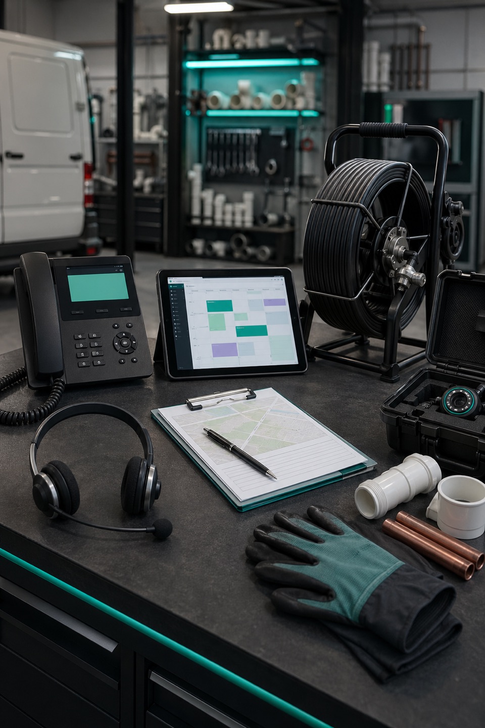 Drain cleaning dispatch workbench with phone, headset, scheduling tablet, clean cable machine, inspection camera case, gloves, pipe fittings, and teal accents.