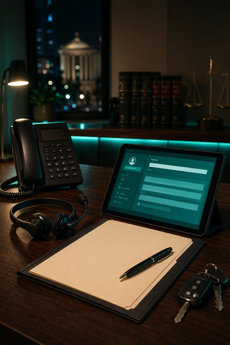 Criminal defense intake desk with phone, headset, secure intake tablet, blank folder, car keys, and courthouse view.