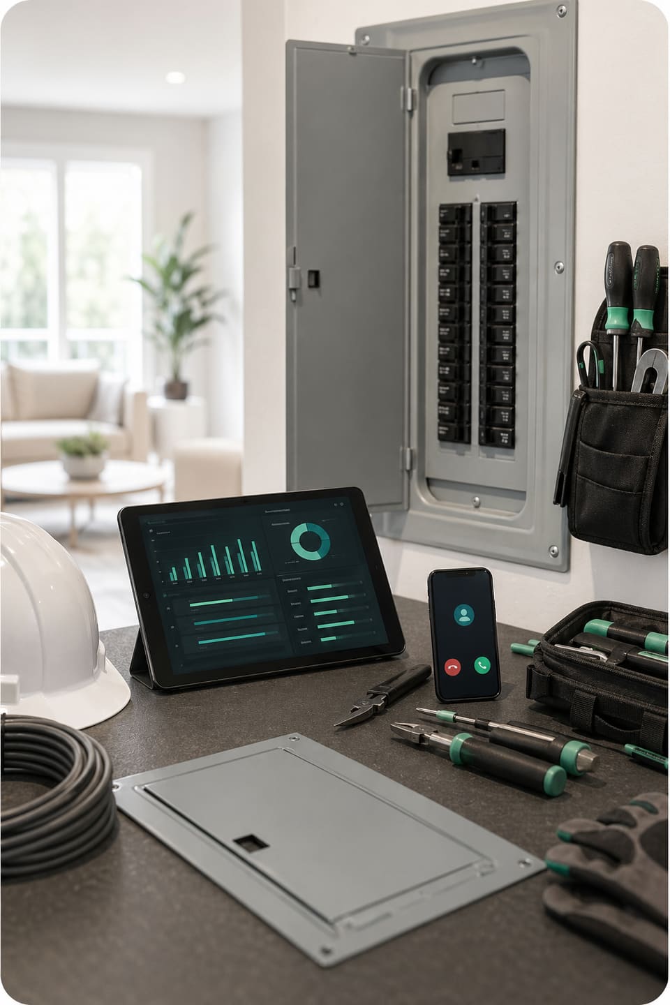 Organized electrical service workspace with a phone, dispatch dashboard, tools, and electrical panel.