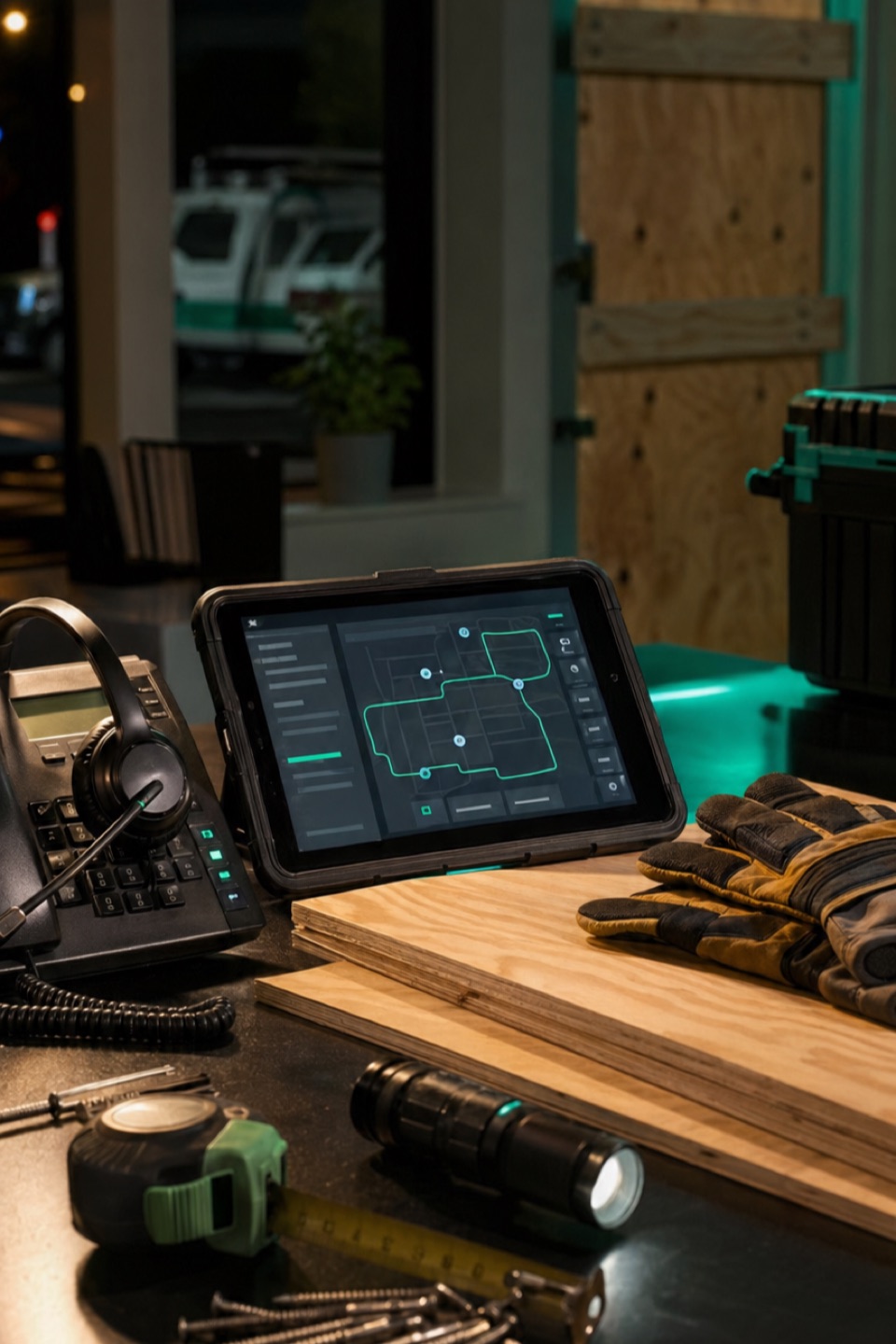 Emergency board-up dispatch workbench with phone, headset, dispatch tablet, plywood sheets, gloves, fasteners, flashlight, and boarded entry context.