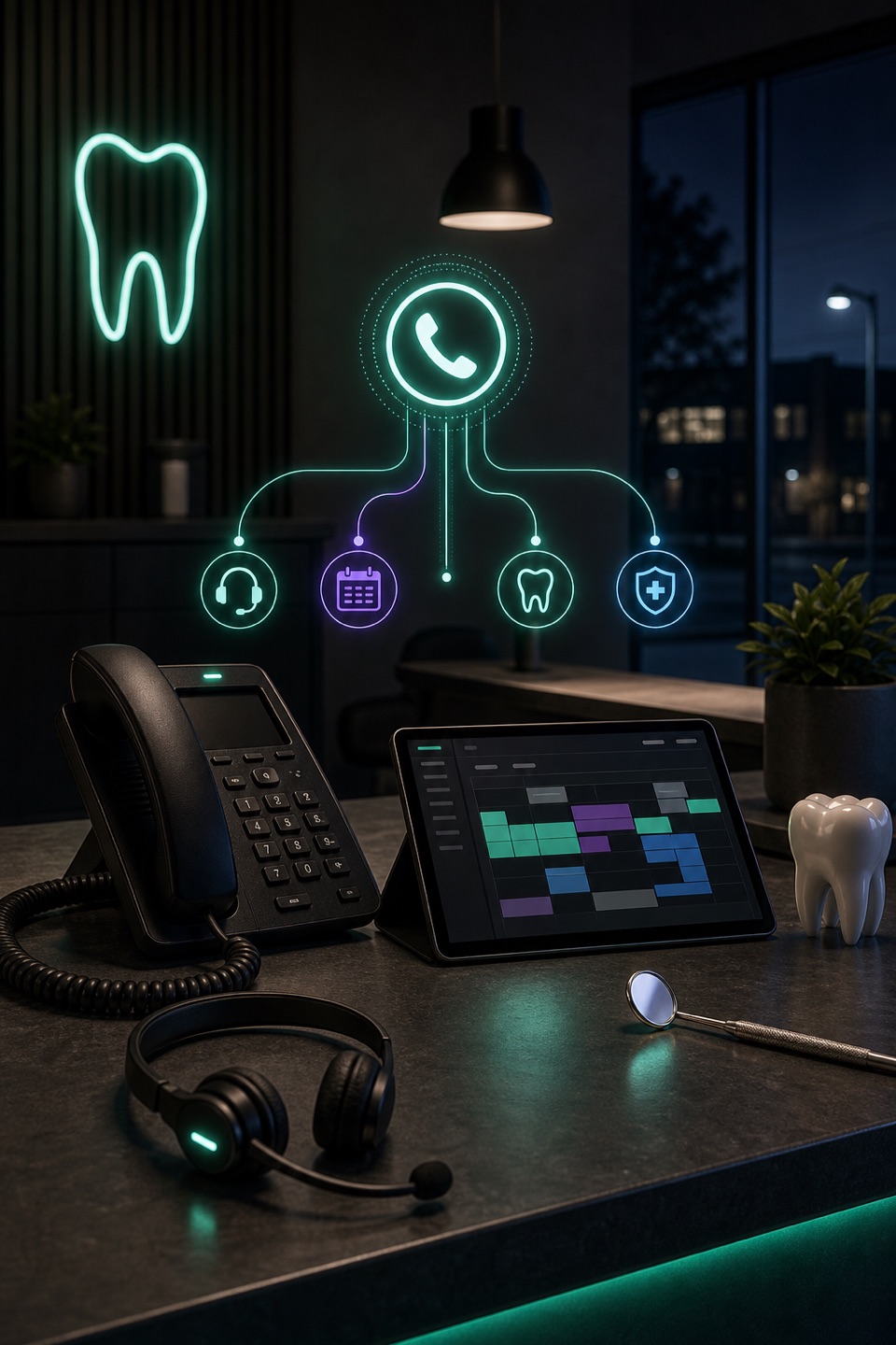 After-hours emergency dental call desk with phone, headset, scheduling tablet, tooth model, dental mirror, and neon mint routing cues.