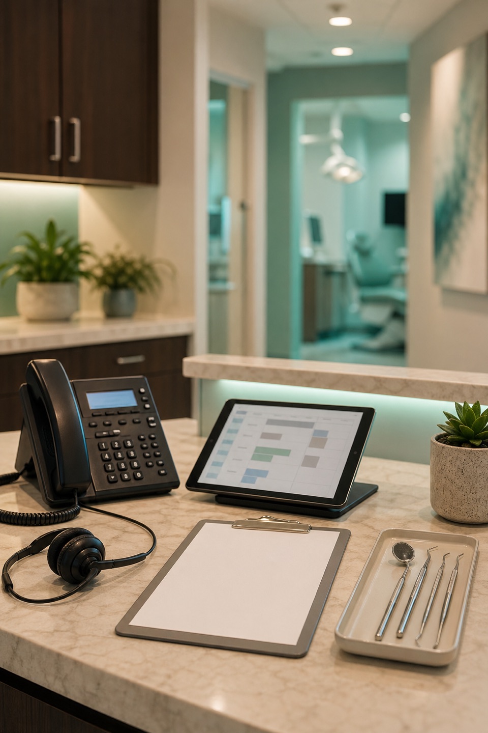 Emergency dental intake desk with phone, headset, appointment tablet, dental tools, and calm clinical hallway.