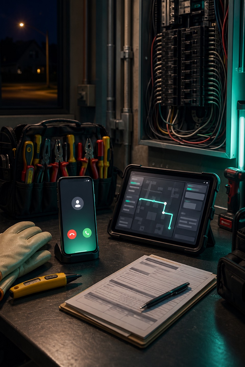 Emergency electrician dispatch workbench with phone, route tablet, insulated gloves, voltage tester, and panel tools.