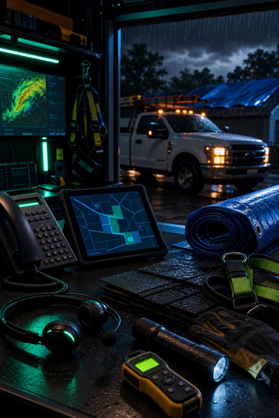 Emergency roof tarp dispatch workbench with phone, headset, intake tablet, rolled tarp, shingles, safety harness, and storm service truck.
