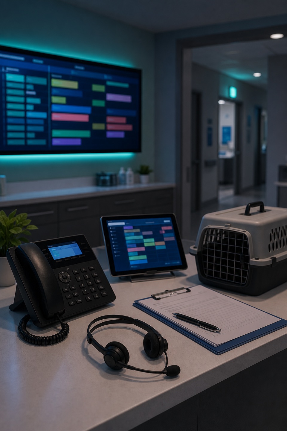 Emergency veterinary capacity and arrival intake desk with phone, headset, ETA board, pet carrier, triage notes, and calm clinical hallway.