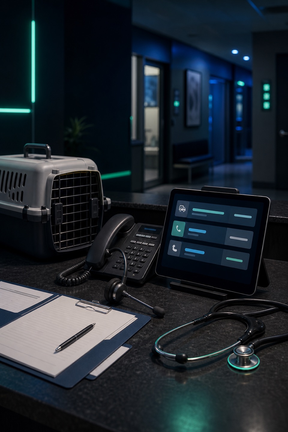 Emergency veterinary transfer and callback intake desk with phone, headset, callback tablet, pet carrier, referral folder, and calm clinical hallway.