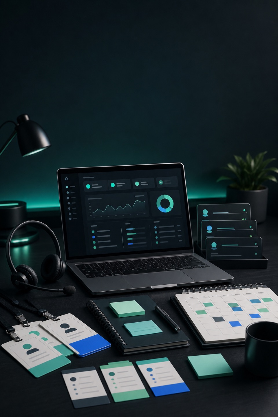 Event and webinar follow-up desk with phone, headset, attendee dashboard, badge-scan cards, calendar blocks, and neon mint sales handoff cues.