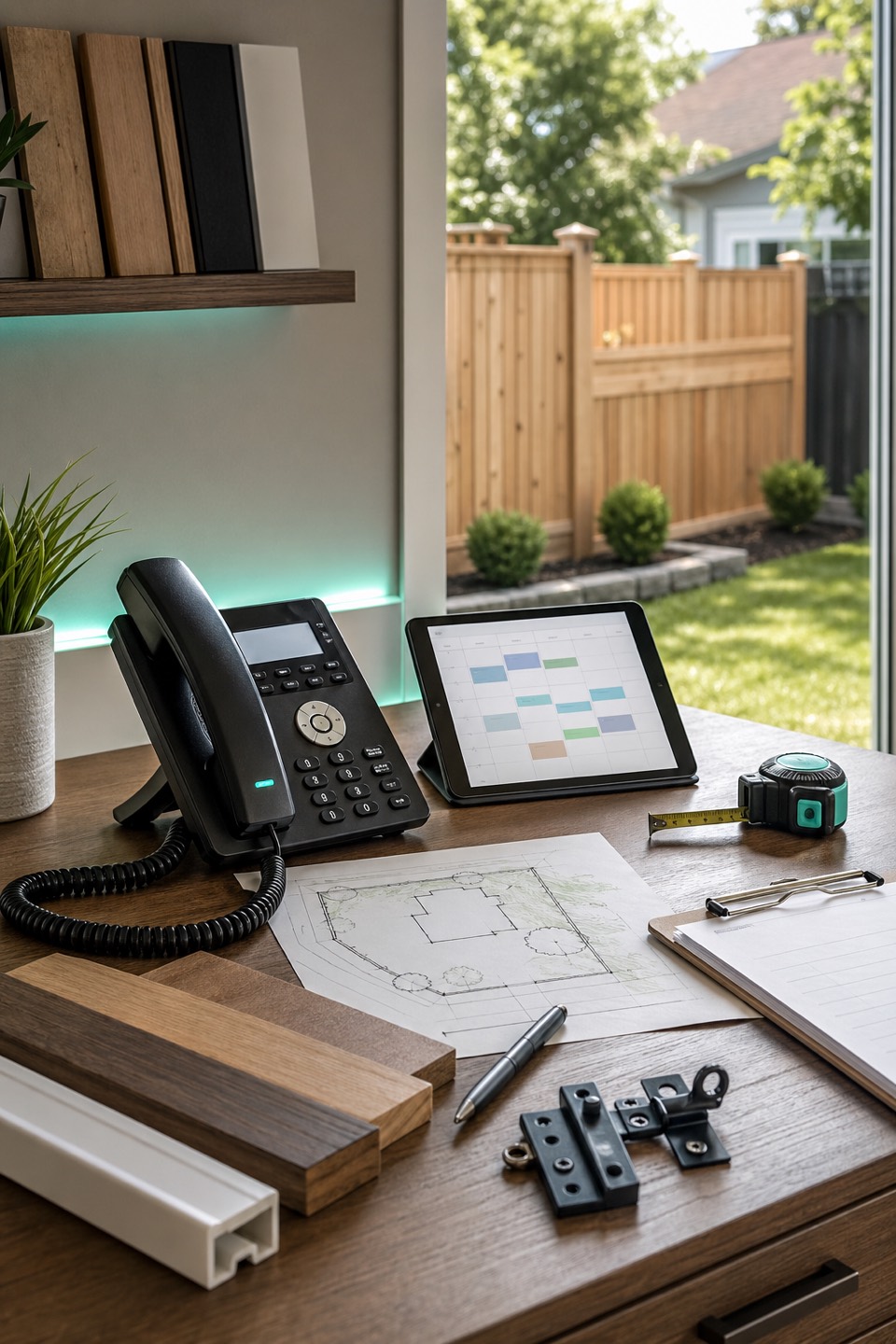 Fence contractor estimate desk with phone, scheduling tablet, wood and vinyl samples, gate hardware, and backyard fence.