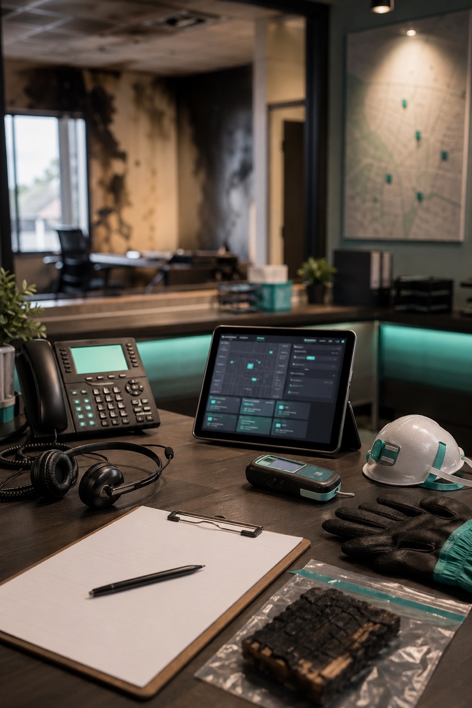 Fire damage restoration intake desk with phone, dispatch tablet, soot-safe gloves, moisture meter, board-up notes, and calm teal accents.