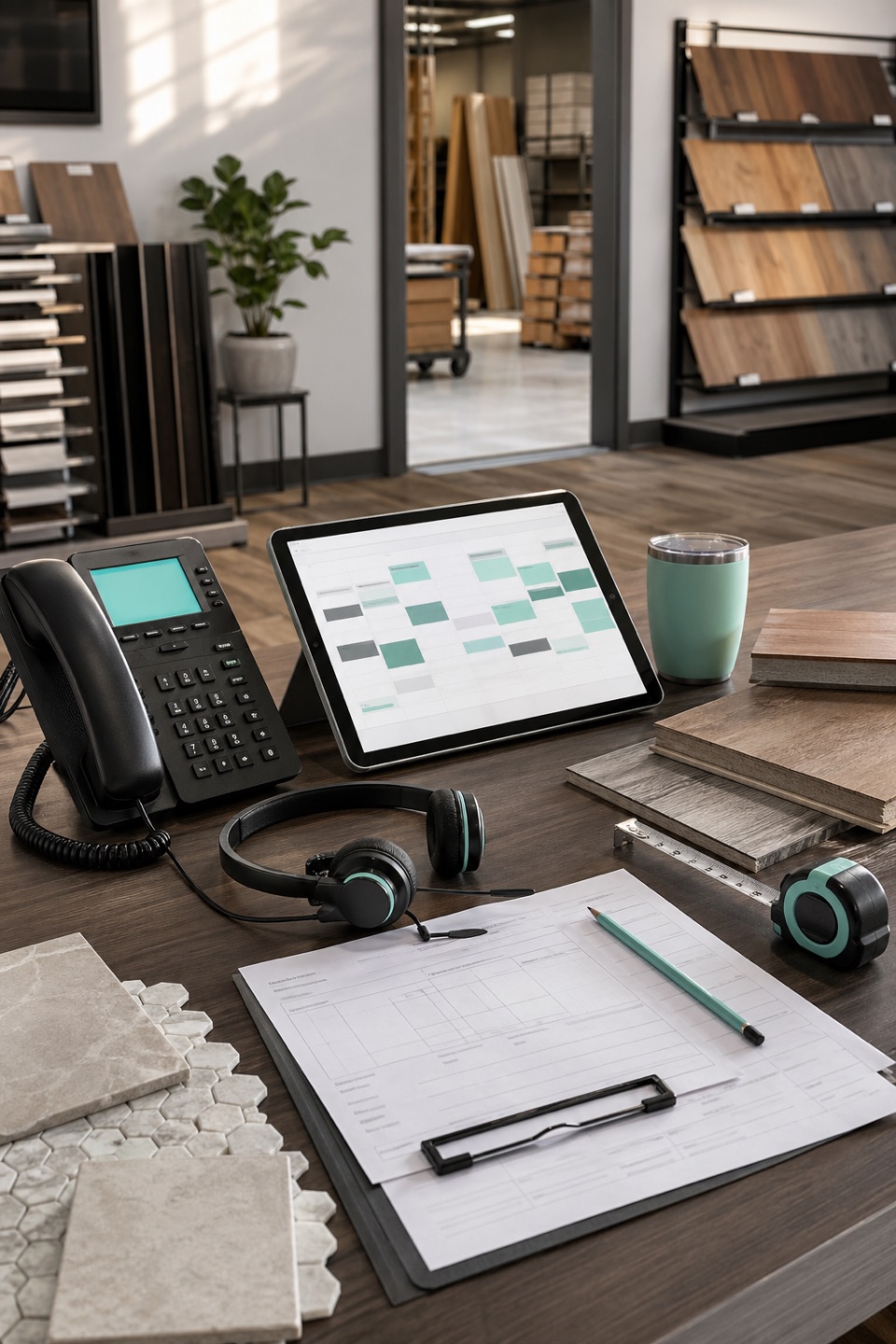Flooring contractor estimate desk with phone, scheduling tablet, flooring samples, measuring tools, and showroom background.