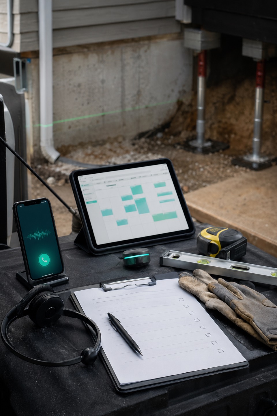 Foundation repair estimate workspace with phone, scheduling tablet, level, measuring tools, and foundation inspection context.