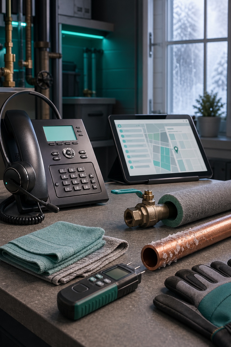 Frozen pipe emergency dispatch desk with phone, headset, route tablet, shutoff valve, pipe insulation, towels, moisture meter, and winter plumbing cues.