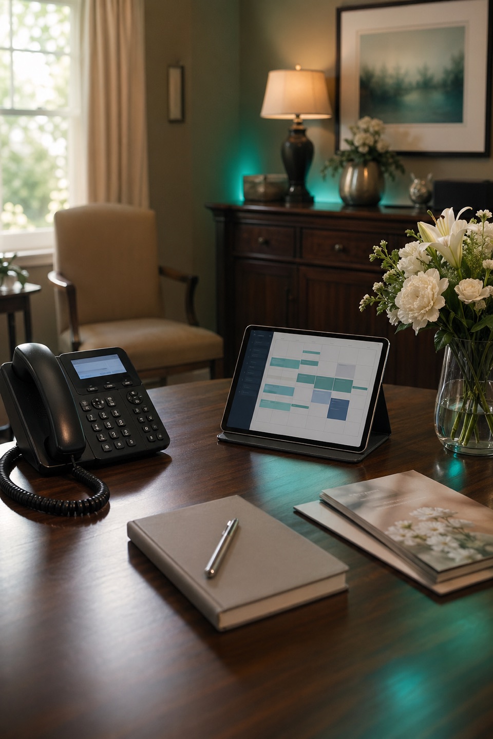 Funeral home arrangement office desk with phone, scheduling tablet, flowers, and tasteful intake materials.