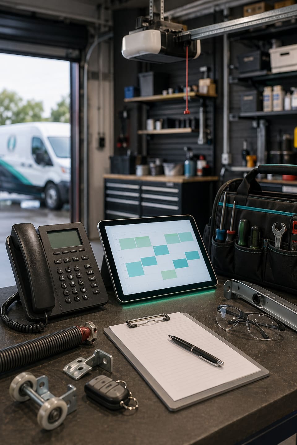 Garage door repair dispatch workbench with phone, route tablet, opener hardware, and service tools.