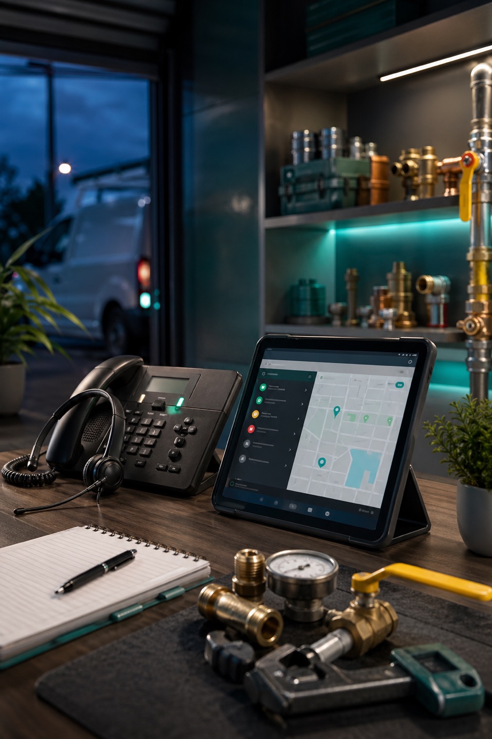 Emergency gas smell dispatch desk with phone, headset, dispatch tablet, gas valve, pressure gauge, and plumbing service tools.