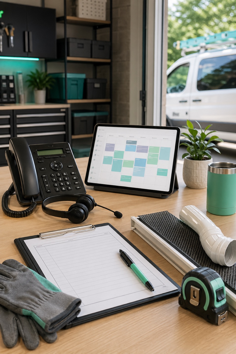 Gutter cleaning dispatch desk with phone, scheduling tablet, gloves, gutter guard sample, and downspout hardware.